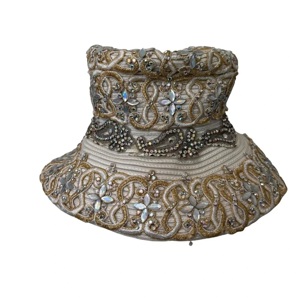 Vintage Shellie McDowell Heavily Embellished Gold Cream Lace Church Dress Hat